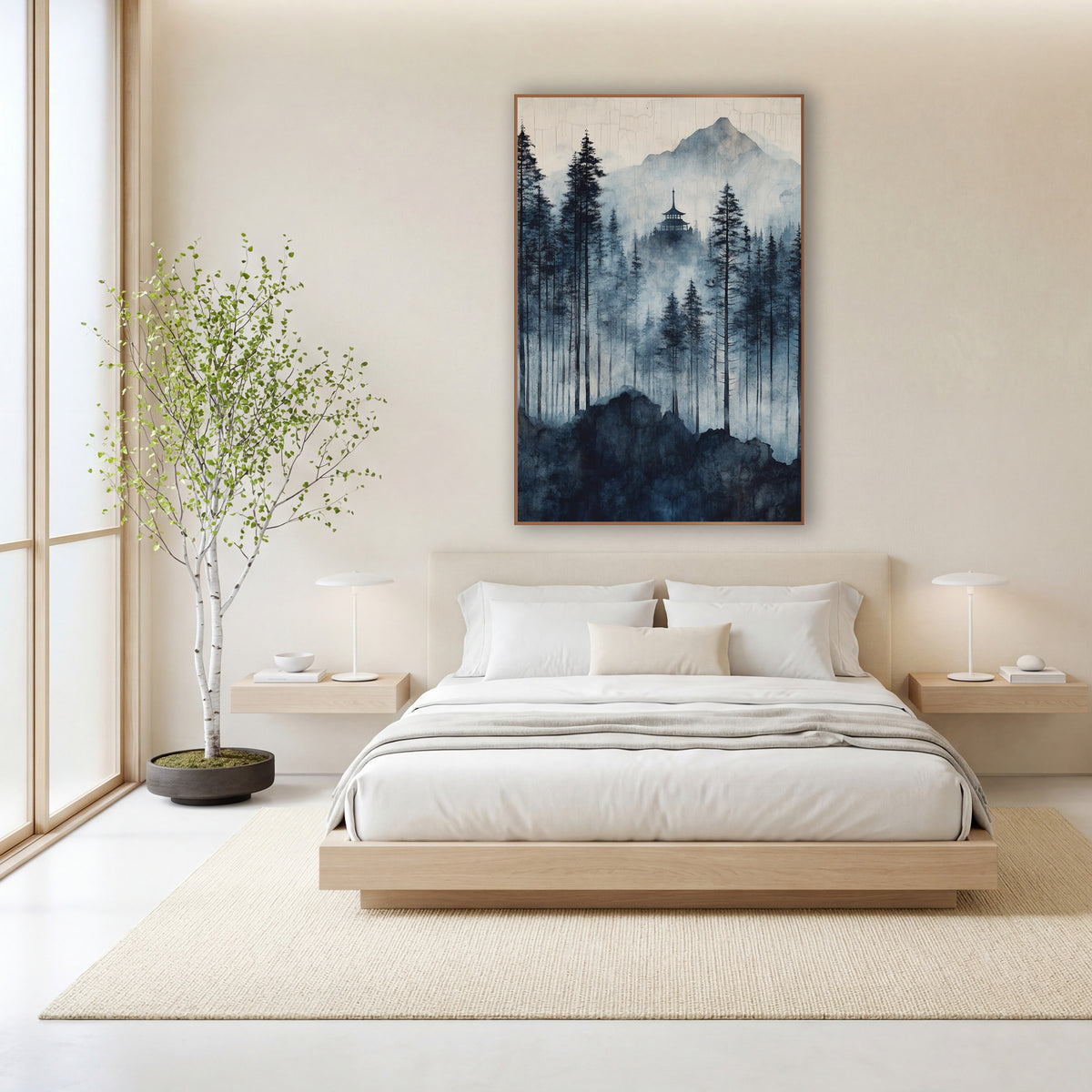 Crackled Sky Pagoda Pines Japandi wall art in a calm Japandi-style room – blue and navy misty evergreen forest