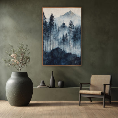 Crackled Sky Pagoda Pines Japandi wall art in a calm Japandi-style room – blue and navy misty evergreen forest