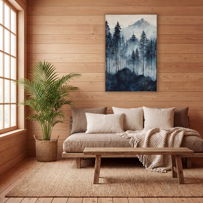 Crackled Sky Pagoda Pines Japandi wall art in a calm Japandi-style room – blue and navy misty evergreen forest