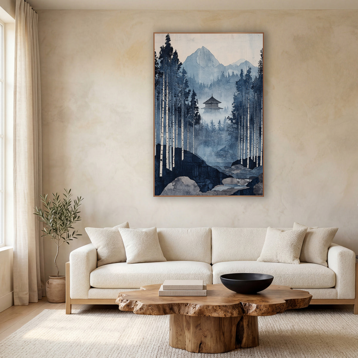 White Birch Stream Pagoda Japandi wall art in a calm Japandi-style room – indigo blue forest scene with tall pale