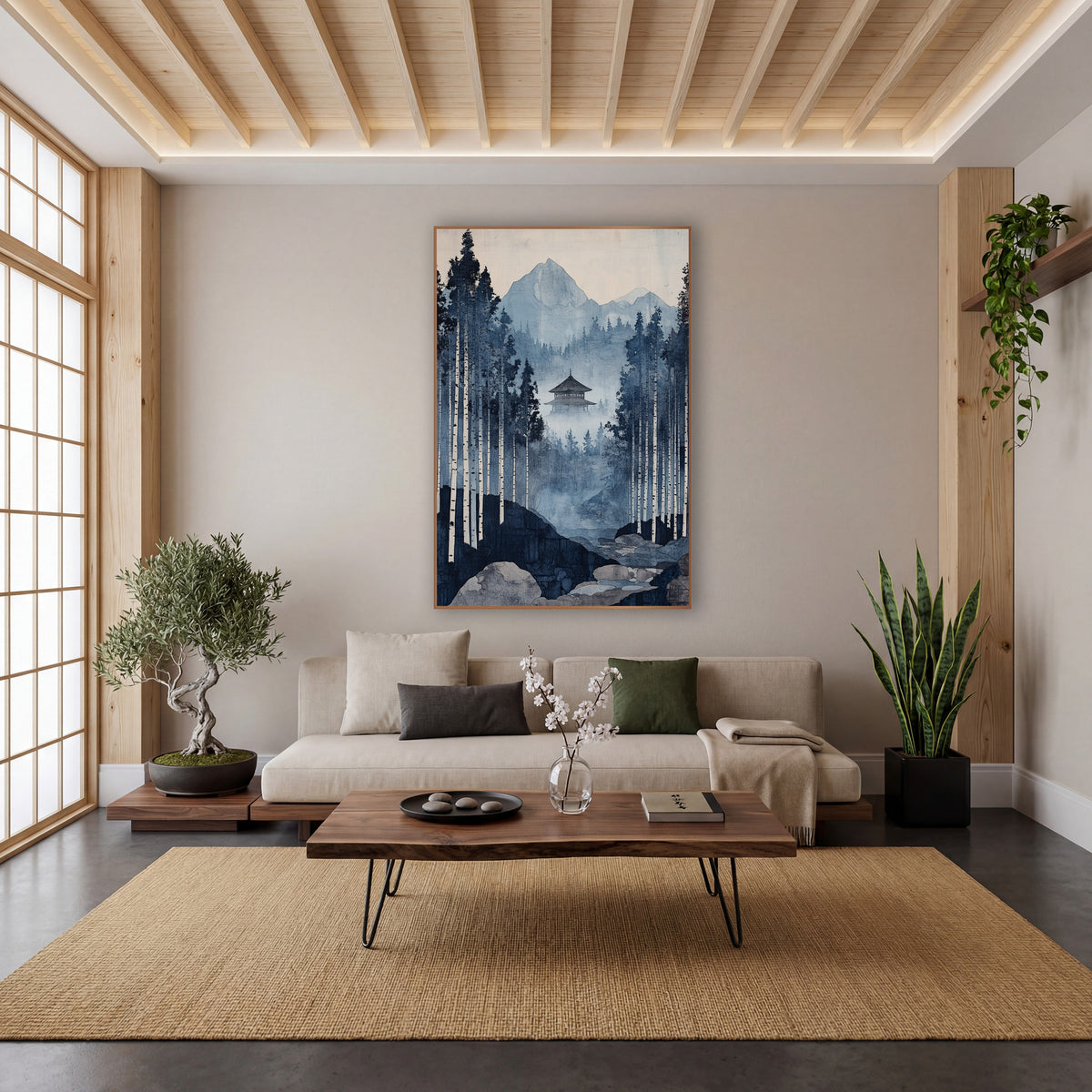 White Birch Stream Pagoda Japandi wall art in a calm Japandi-style room – indigo blue forest scene with tall pale