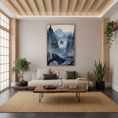 White Birch Stream Pagoda Japandi wall art in a calm Japandi-style room – indigo blue forest scene with tall pale