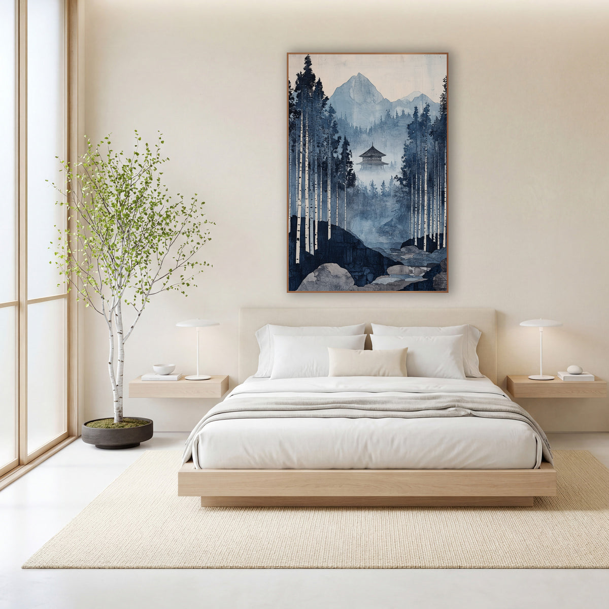 White Birch Stream Pagoda Japandi wall art in a calm Japandi-style room – indigo blue forest scene with tall pale