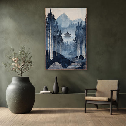 White Birch Stream Pagoda Japandi wall art in a calm Japandi-style room – indigo blue forest scene with tall pale