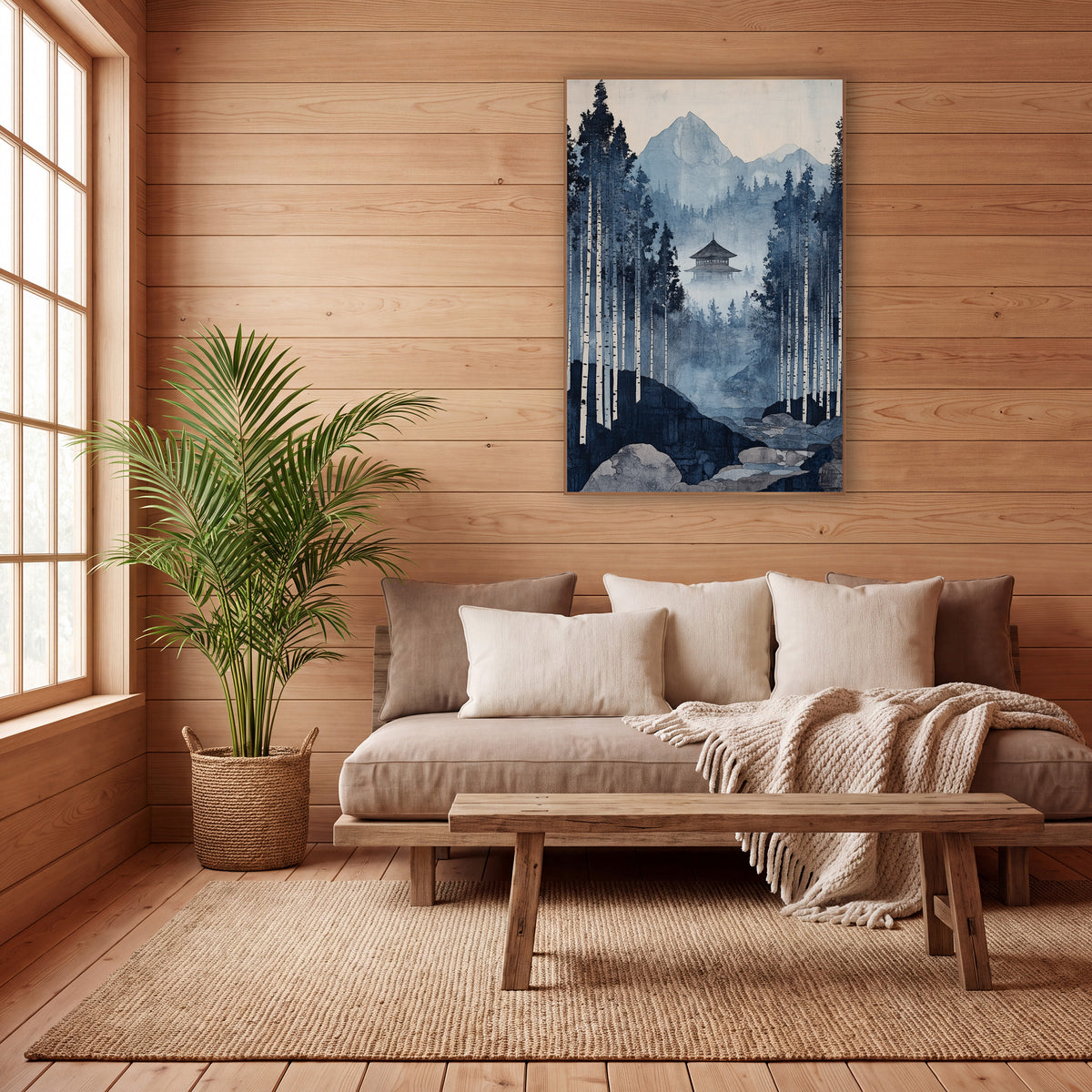 White Birch Stream Pagoda Japandi wall art in a calm Japandi-style room – indigo blue forest scene with tall pale