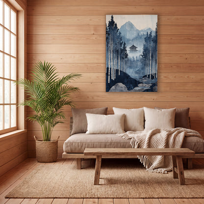 White Birch Stream Pagoda Japandi wall art in a calm Japandi-style room – indigo blue forest scene with tall pale