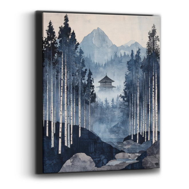 White Birch Stream Pagoda Japandi Canvas Wall Art