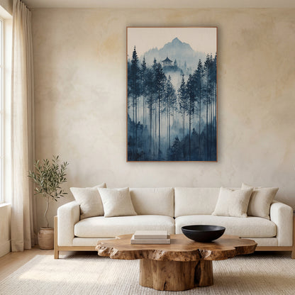 Fading Tall Pine Pagoda Ink wall art in a calm Japandi-style room – indigo evergreen forest in soft mist with a small