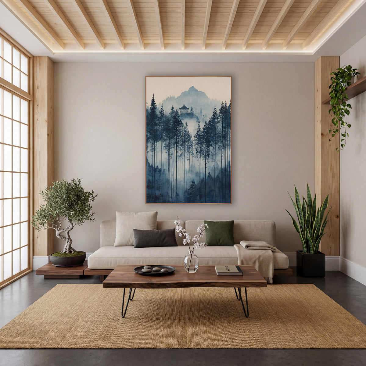 Fading Tall Pine Pagoda Ink wall art in a calm Japandi-style room – indigo evergreen forest in soft mist with a small