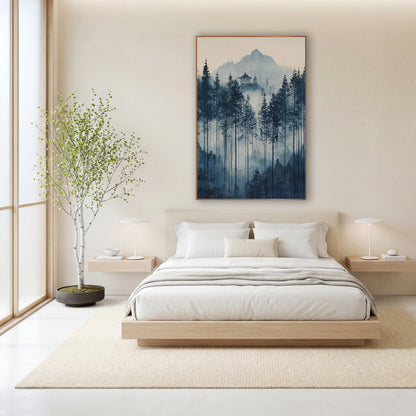 Fading Tall Pine Pagoda Ink wall art in a calm Japandi-style room – indigo evergreen forest in soft mist with a small