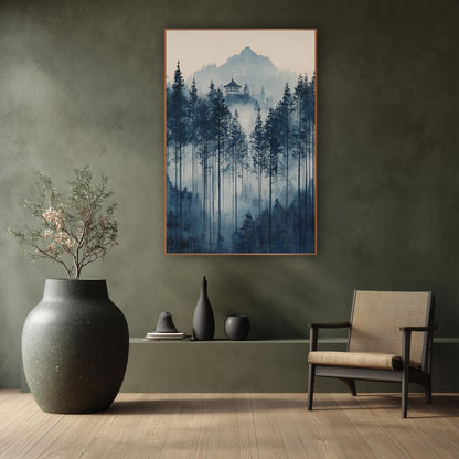 Fading Tall Pine Pagoda Ink wall art in a calm Japandi-style room – indigo evergreen forest in soft mist with a small