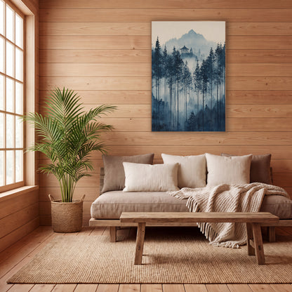 Fading Tall Pine Pagoda Ink wall art in a calm Japandi-style room – indigo evergreen forest in soft mist with a small