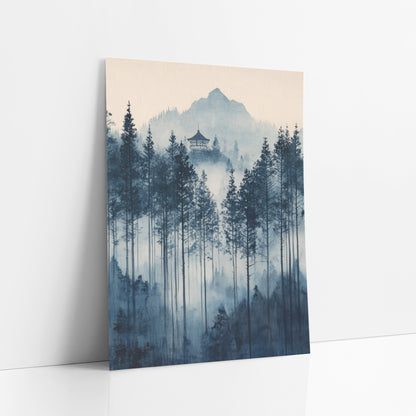 Fading Tall Pine Pagoda Ink art print leaning against a white wall – indigo evergreen forest in soft mist with a small