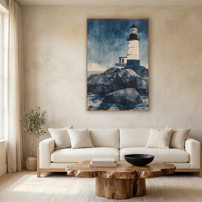 Indigo Lighthouse on Rocks Coastal wall art in a calm Japandi-style room – white lighthouse with dark lantern