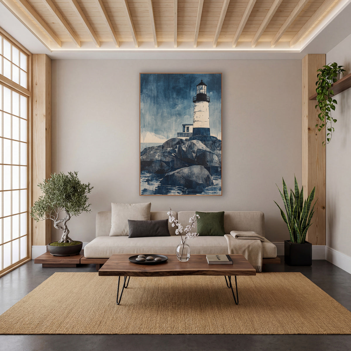 Indigo Lighthouse on Rocks Coastal wall art in a calm Japandi-style room – white lighthouse with dark lantern