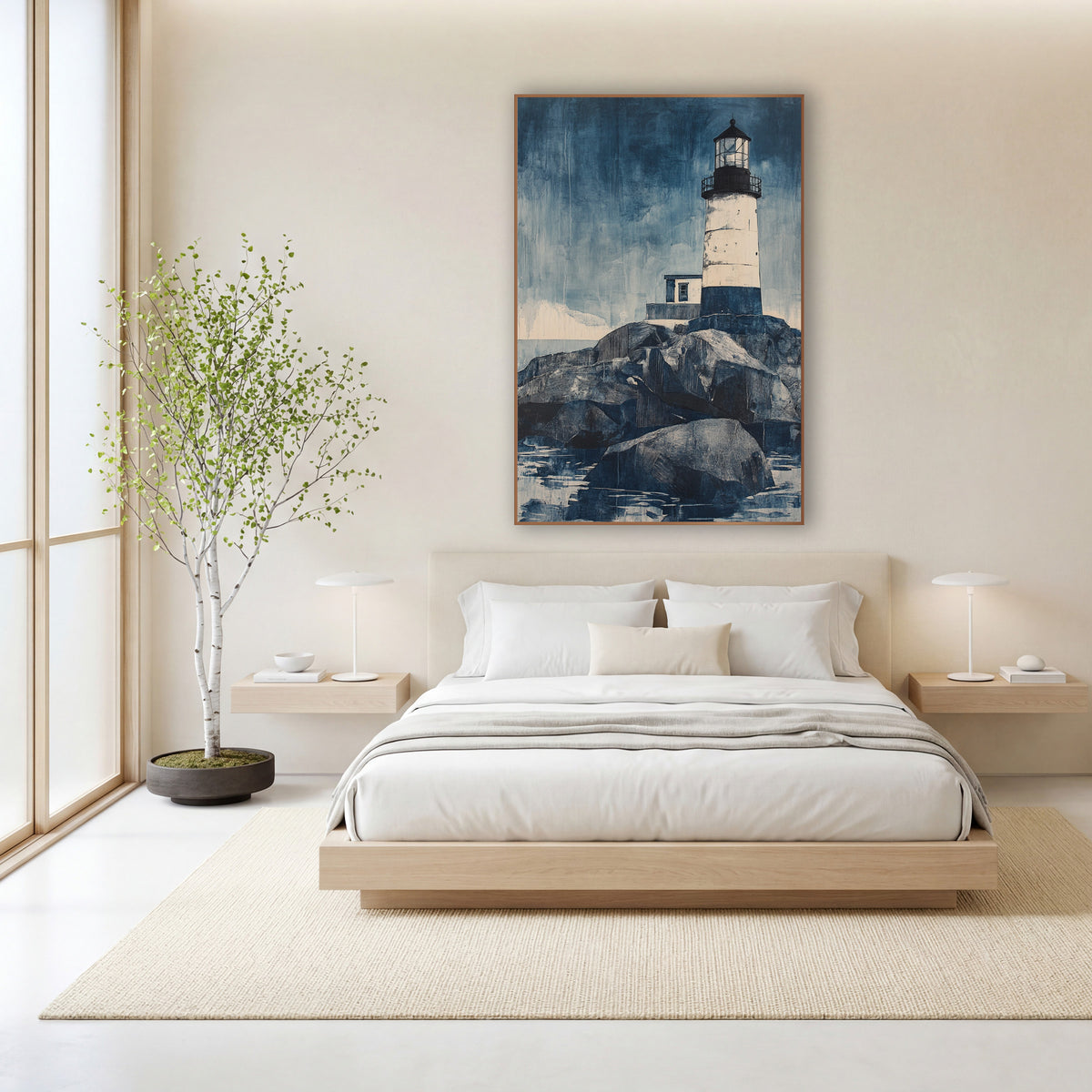 Indigo Lighthouse on Rocks Coastal wall art in a calm Japandi-style room – white lighthouse with dark lantern