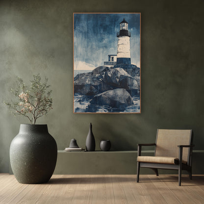 Indigo Lighthouse on Rocks Coastal wall art in a calm Japandi-style room – white lighthouse with dark lantern
