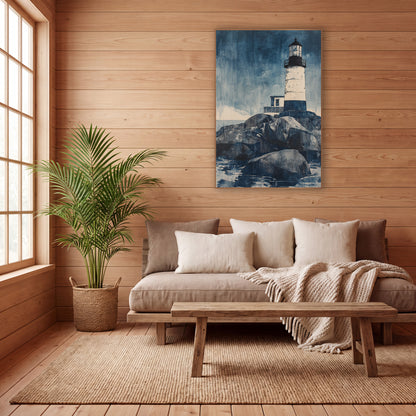 Indigo Lighthouse on Rocks Coastal wall art in a calm Japandi-style room – white lighthouse with dark lantern