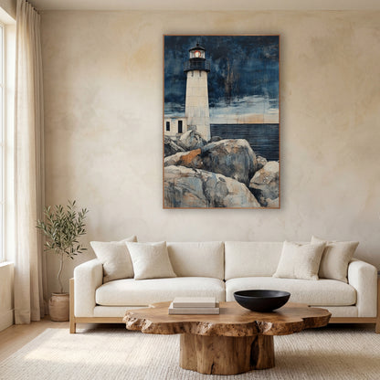Indigo Lighthouse Coastal Japandi wall art in a calm Japandi-style room – cream lighthouse with glowing orange lamp