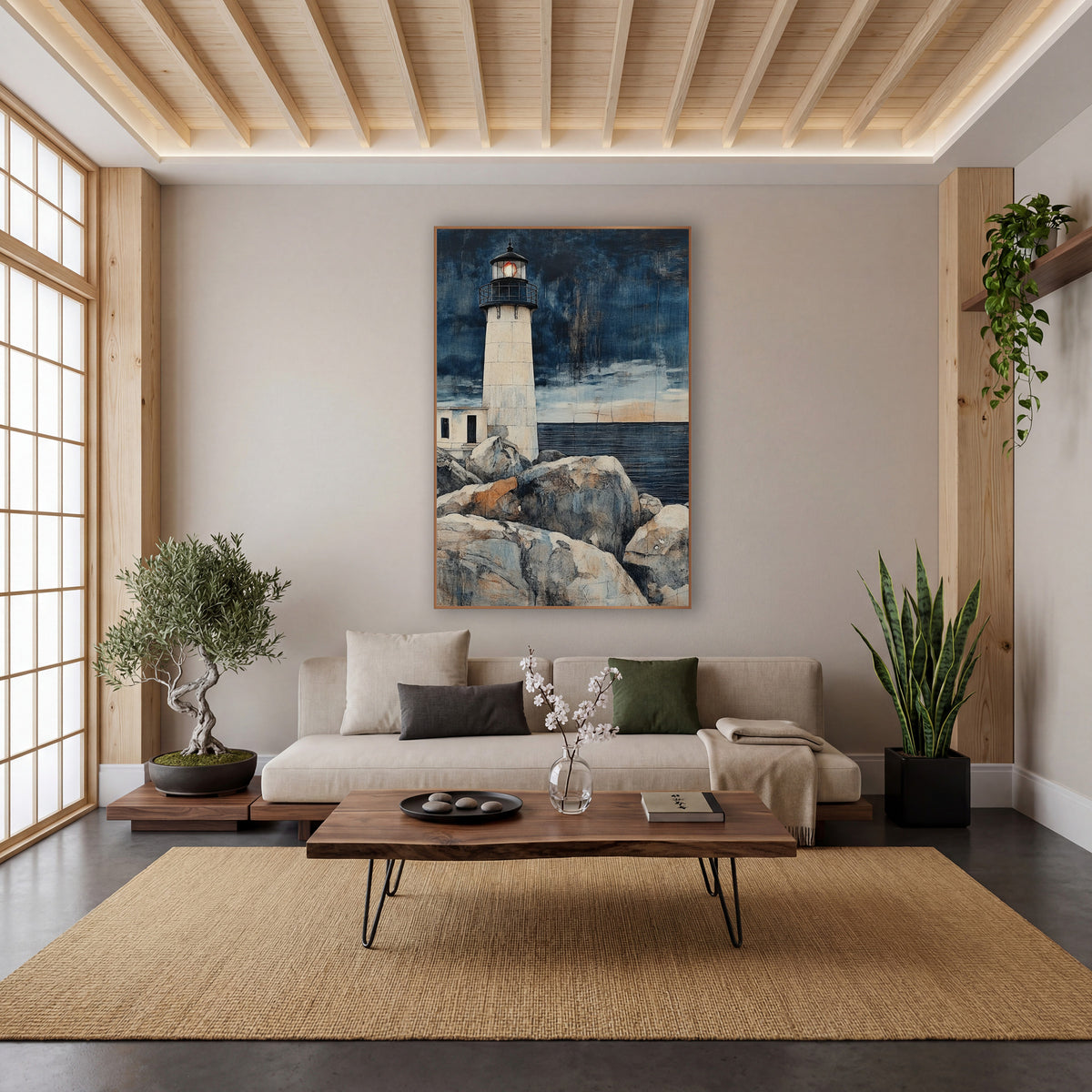 Indigo Lighthouse Coastal Japandi wall art in a calm Japandi-style room – cream lighthouse with glowing orange lamp