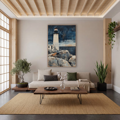 Indigo Lighthouse Coastal Japandi wall art in a calm Japandi-style room – cream lighthouse with glowing orange lamp