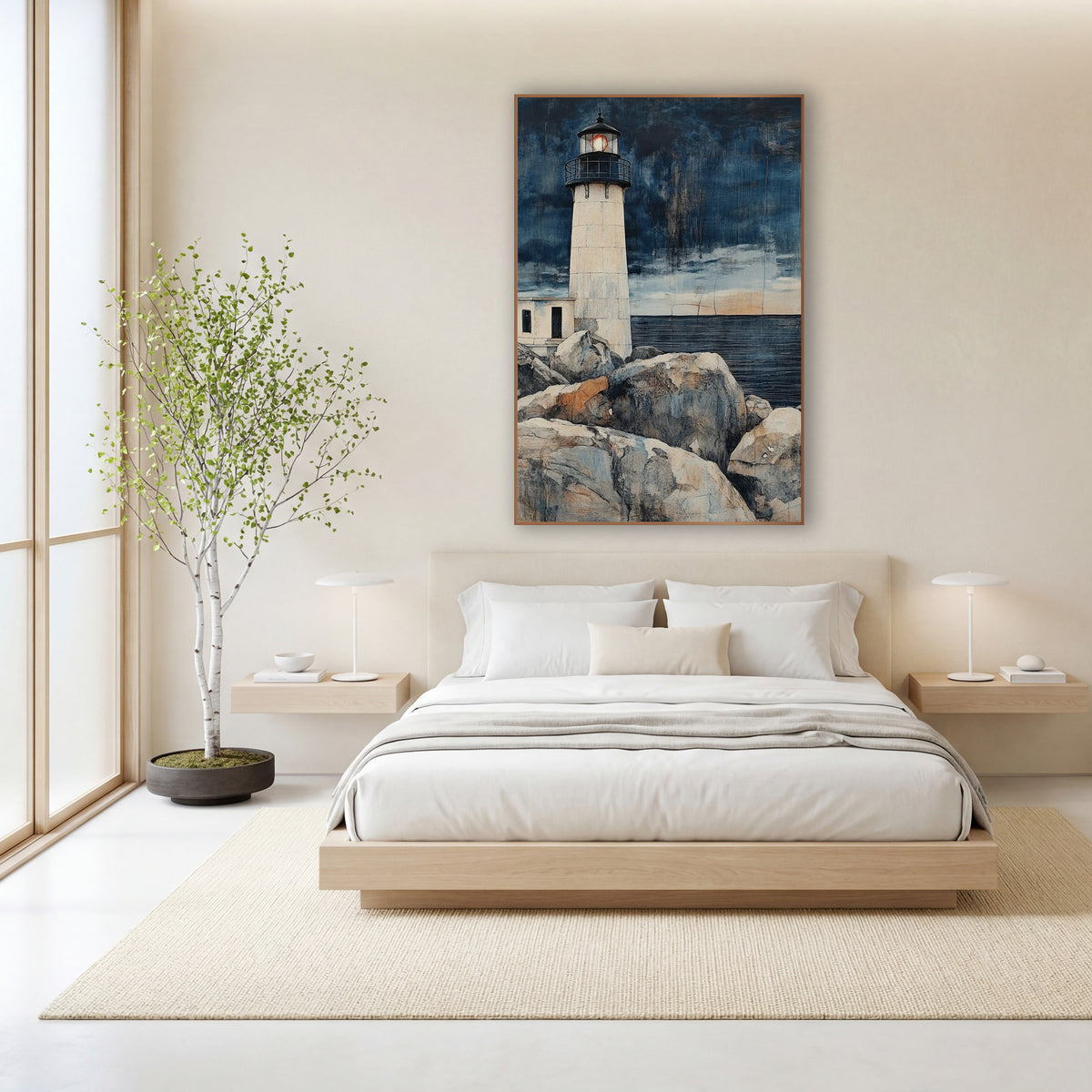 Indigo Lighthouse Coastal Japandi wall art in a calm Japandi-style room – cream lighthouse with glowing orange lamp