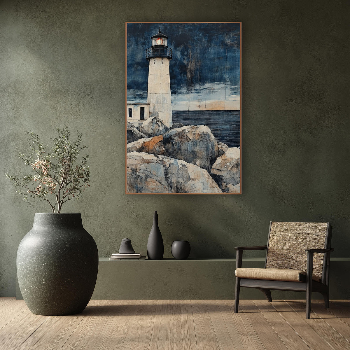 Indigo Lighthouse Coastal Japandi wall art in a calm Japandi-style room – cream lighthouse with glowing orange lamp