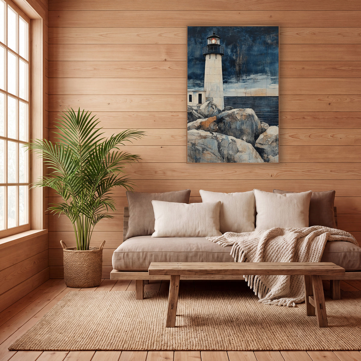 Indigo Lighthouse Coastal Japandi wall art in a calm Japandi-style room – cream lighthouse with glowing orange lamp