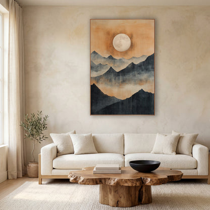 Full Moon Mountain Landscape Japandi wall art in a calm Japandi-style room – pale full moon in an amber sky above