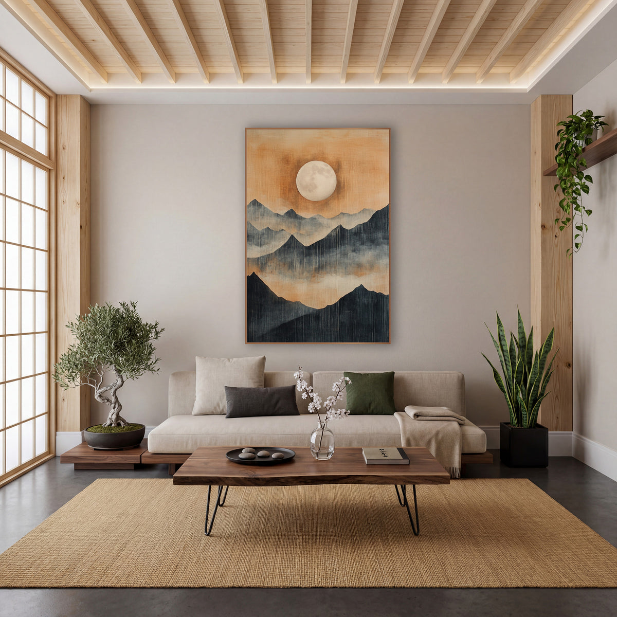 Full Moon Mountain Landscape Japandi wall art in a calm Japandi-style room – pale full moon in an amber sky above