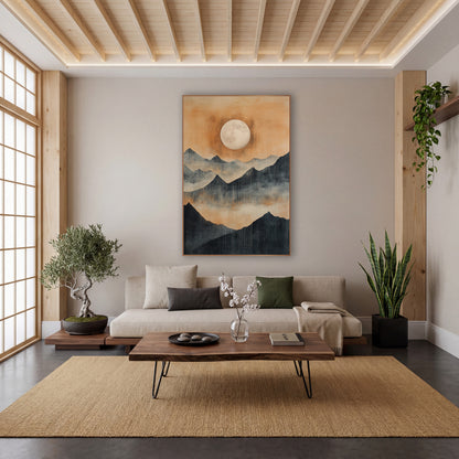 Full Moon Mountain Landscape Japandi wall art in a calm Japandi-style room – pale full moon in an amber sky above