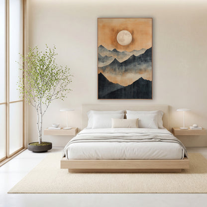 Full Moon Mountain Landscape Japandi wall art in a calm Japandi-style room – pale full moon in an amber sky above