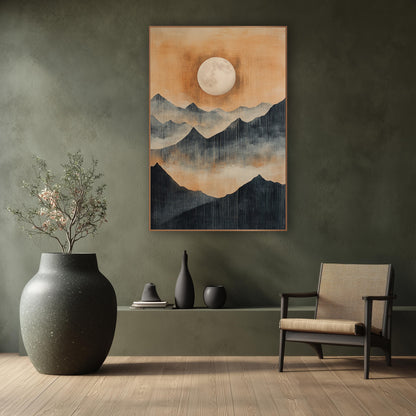 Full Moon Mountain Landscape Japandi wall art in a calm Japandi-style room – pale full moon in an amber sky above