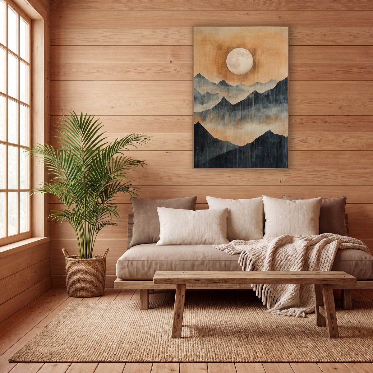 Full Moon Mountain Landscape Japandi wall art in a calm Japandi-style room – pale full moon in an amber sky above