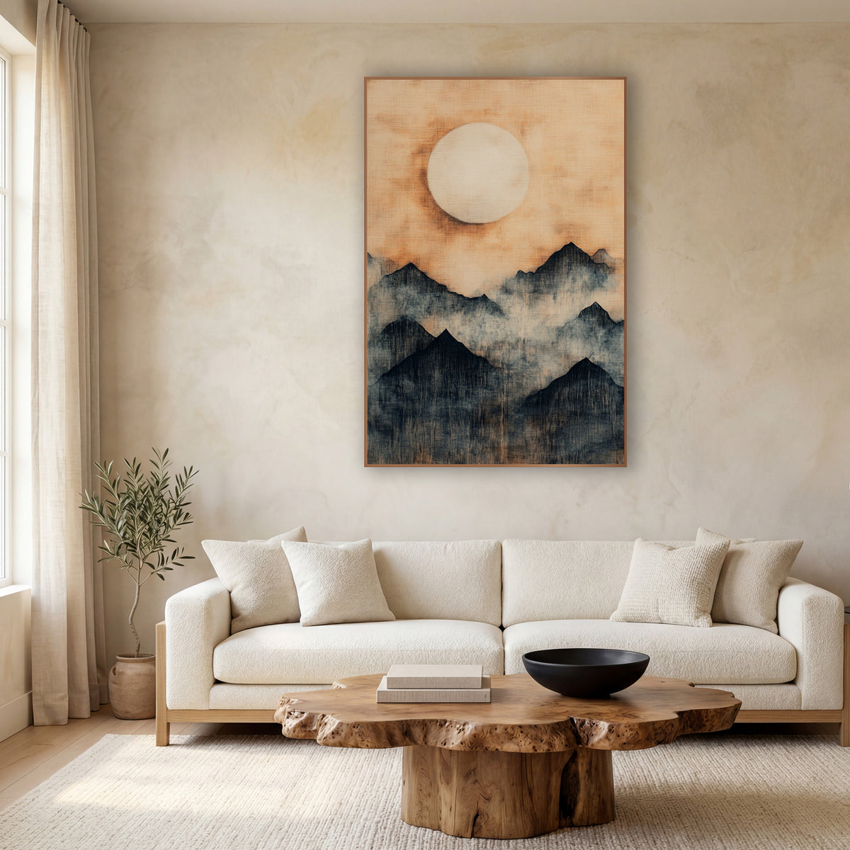 Pale Moon Fogbound Ridges Japandi wall art in a calm Japandi-style room – dark mountain peaks in drifting mist beneath