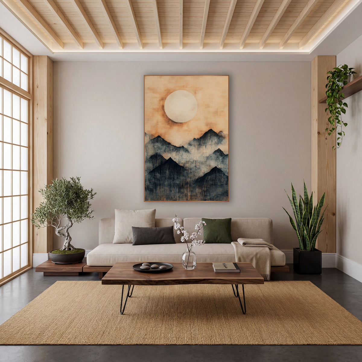 Pale Moon Fogbound Ridges Japandi wall art in a calm Japandi-style room – dark mountain peaks in drifting mist beneath
