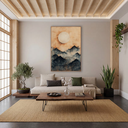 Pale Moon Fogbound Ridges Japandi wall art in a calm Japandi-style room – dark mountain peaks in drifting mist beneath