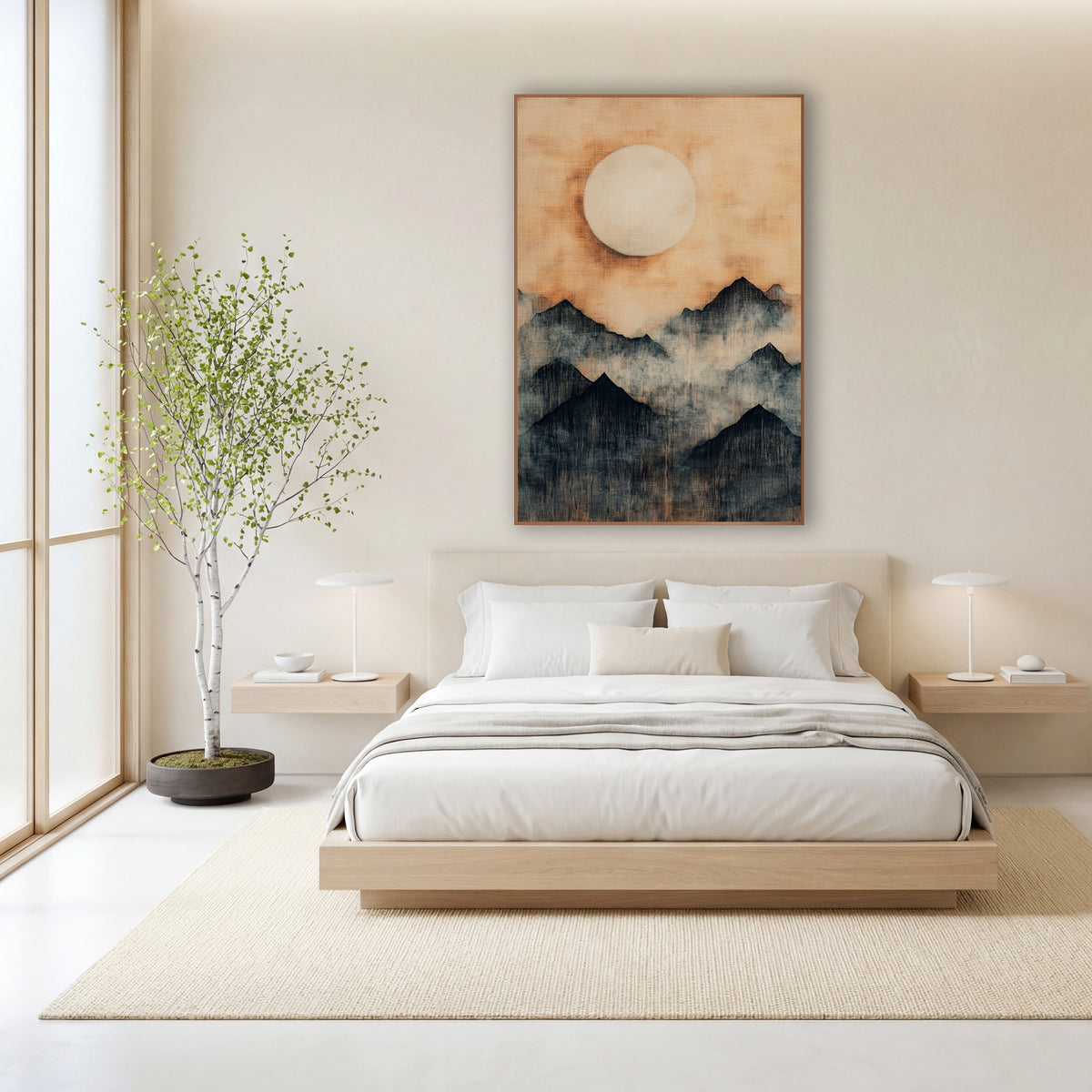Pale Moon Fogbound Ridges Japandi wall art in a calm Japandi-style room – dark mountain peaks in drifting mist beneath