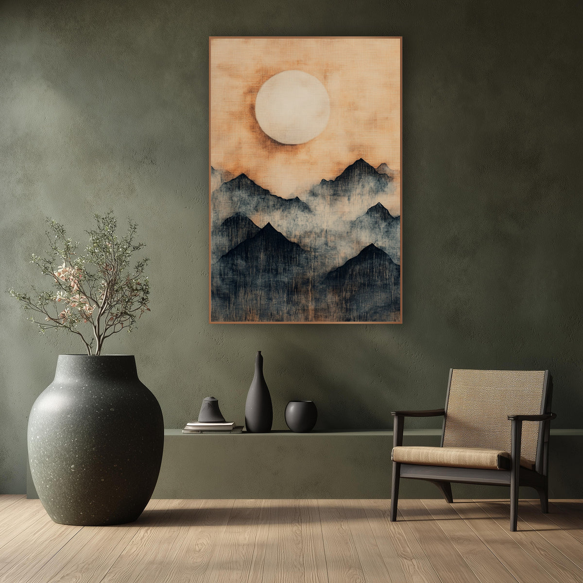 Pale Moon Fogbound Ridges Japandi wall art in a calm Japandi-style room – dark mountain peaks in drifting mist beneath
