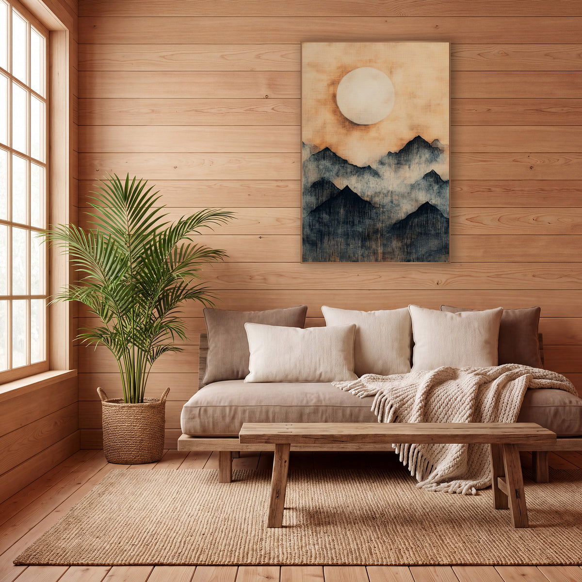 Pale Moon Fogbound Ridges Japandi wall art in a calm Japandi-style room – dark mountain peaks in drifting mist beneath