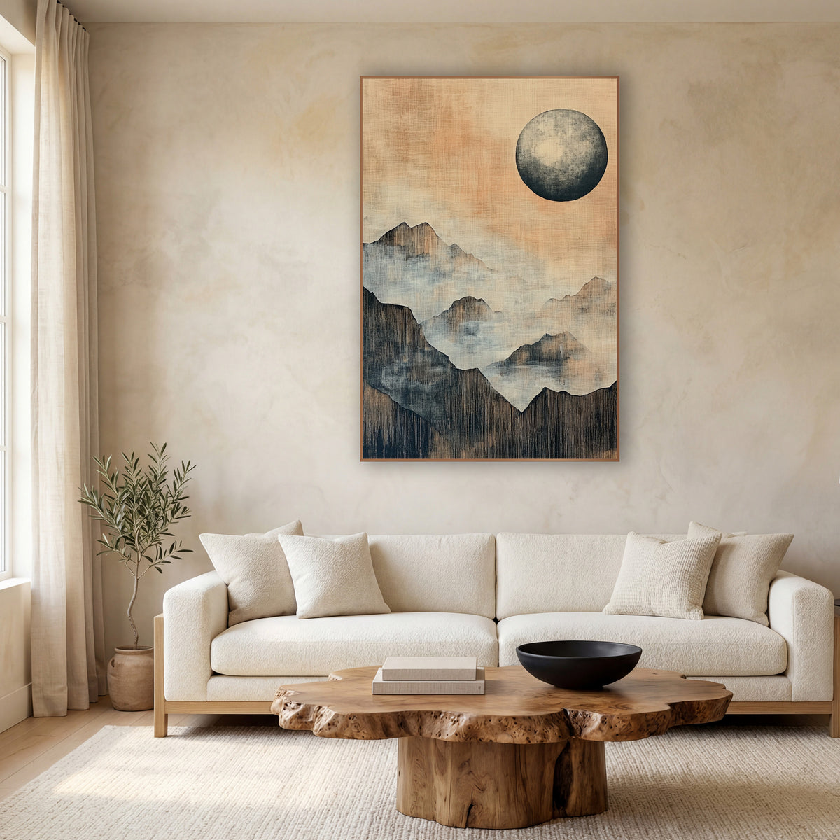 Misty Mountain Moon Japandi wall art in a calm Japandi-style room – large gray moon over layered misty mountain ridges