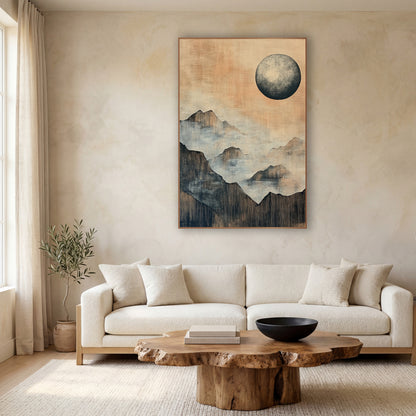 Misty Mountain Moon Japandi wall art in a calm Japandi-style room – large gray moon over layered misty mountain ridges