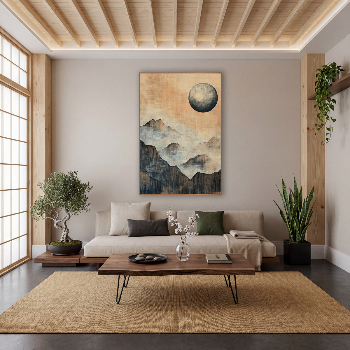 Misty Mountain Moon Japandi wall art in a calm Japandi-style room – large gray moon over layered misty mountain ridges