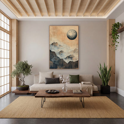 Misty Mountain Moon Japandi wall art in a calm Japandi-style room – large gray moon over layered misty mountain ridges