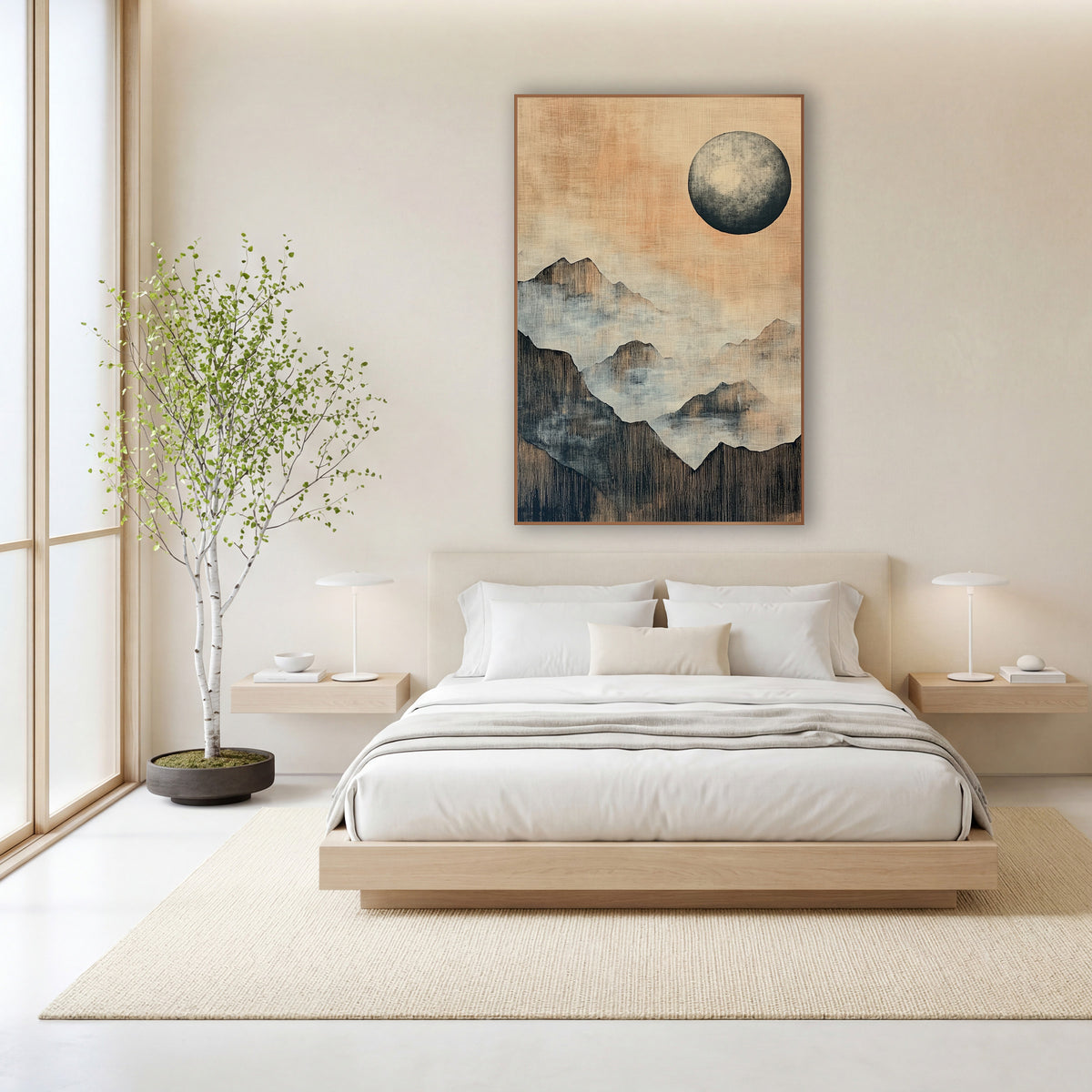Misty Mountain Moon Japandi wall art in a calm Japandi-style room – large gray moon over layered misty mountain ridges