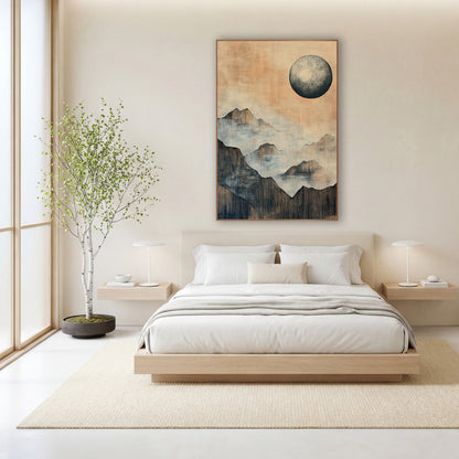 Misty Mountain Moon Japandi wall art in a calm Japandi-style room – large gray moon over layered misty mountain ridges
