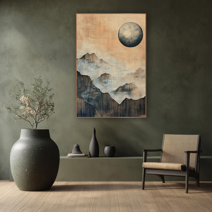 Misty Mountain Moon Japandi wall art in a calm Japandi-style room – large gray moon over layered misty mountain ridges