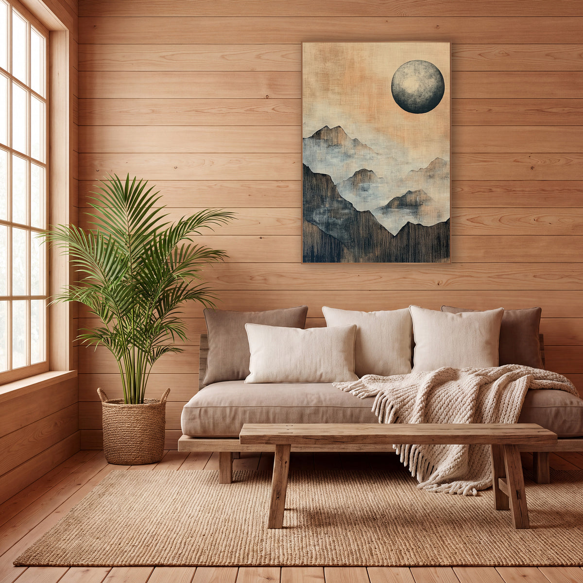 Misty Mountain Moon Japandi wall art in a calm Japandi-style room – large gray moon over layered misty mountain ridges