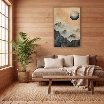 Misty Mountain Moon Japandi wall art in a calm Japandi-style room – large gray moon over layered misty mountain ridges
