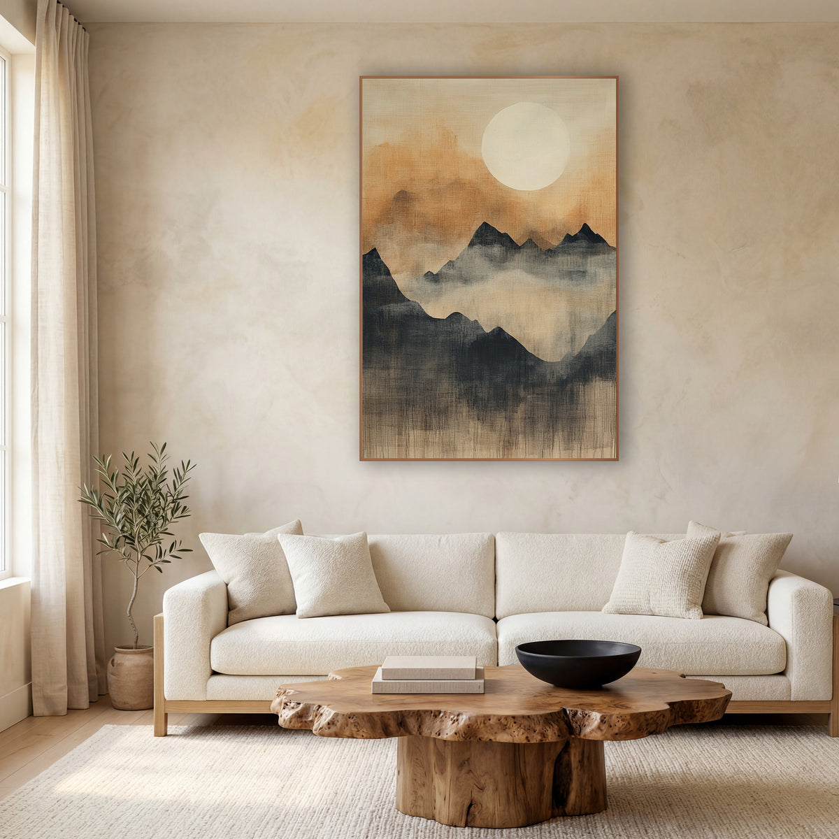 Cream Moon Dripping Valley Japandi wall art in a calm Japandi-style room – pale full moon over layered charcoal